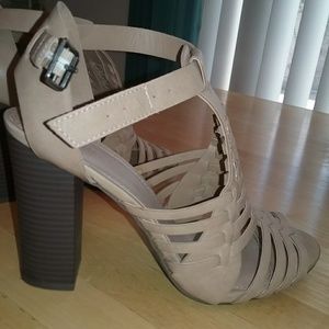 Sand colored , woven sandal block heels